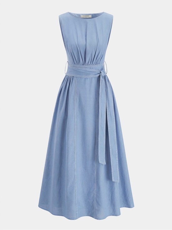 Commense Dresses & Skirts - Commense Light Blue Sleeveless Cotton Linen Midi Dress with Waist Tie Light Blue